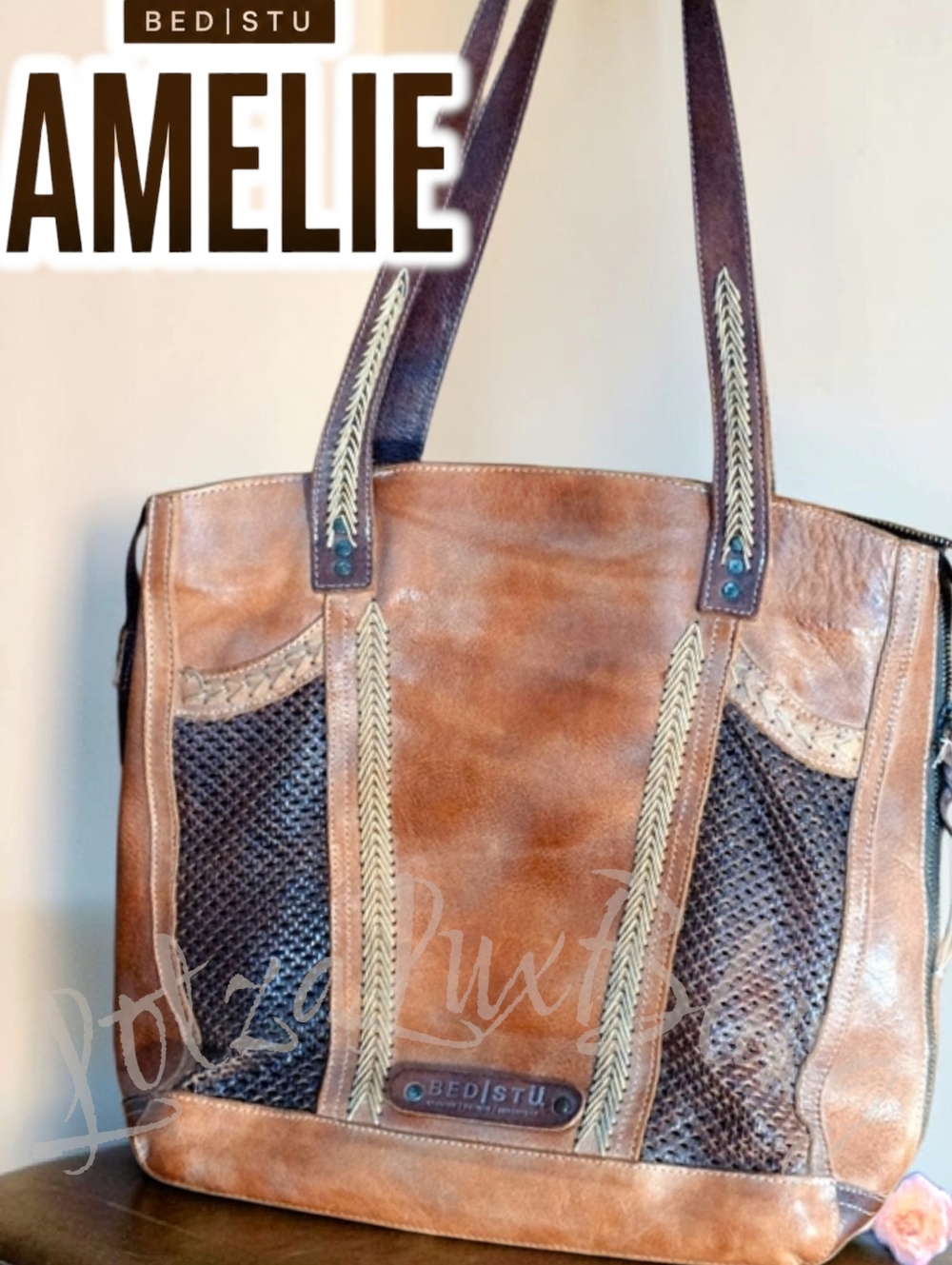 BED|STU Stunning Amelie Two-Tone Leather Tote Expandable Zip Brown